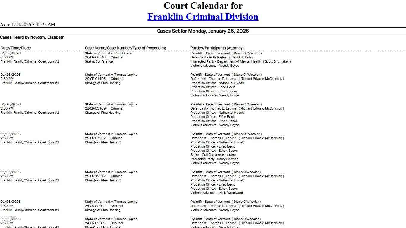 Franklin Criminal Division Calendar