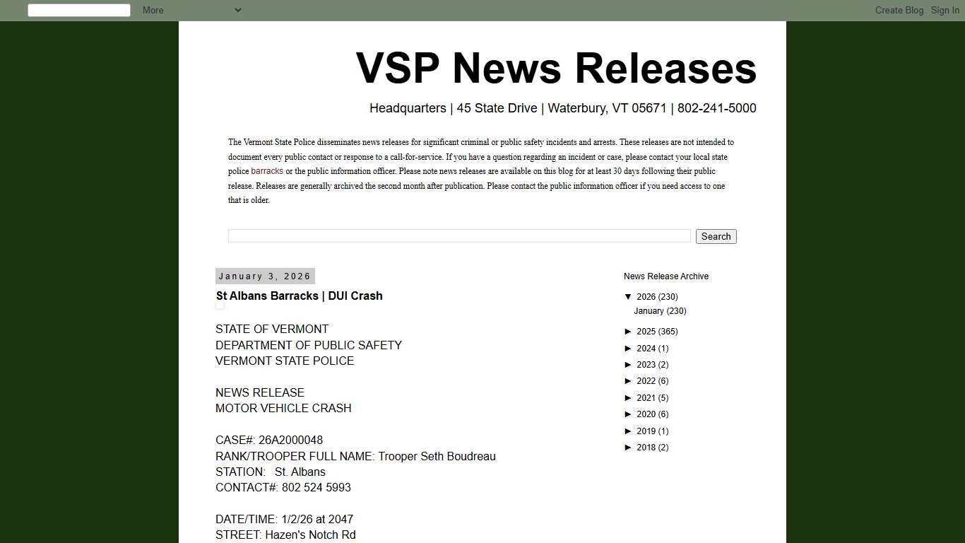 VSP News Releases: St Albans Barracks DUI Crash