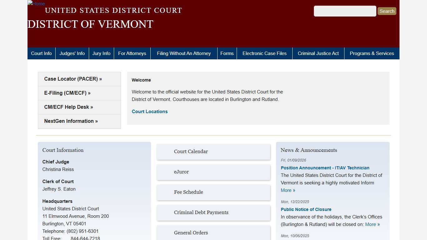 DISTRICT OF VERMONT United States District Court