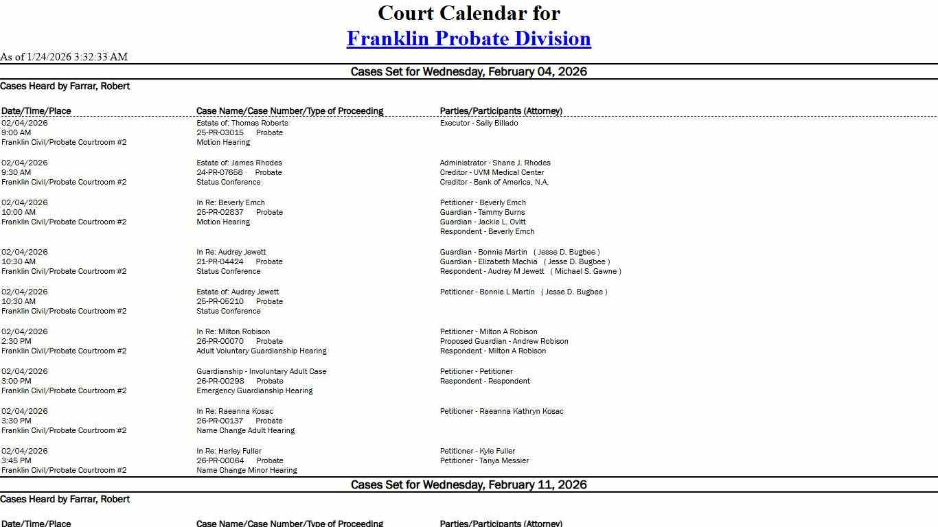 Franklin Probate Division Calendar